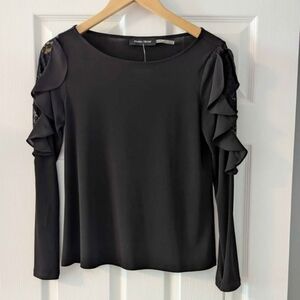 NWT - Ivanka Trump Black Ruffle/Lace Long-Sleeve Top